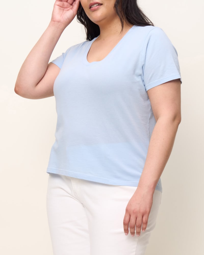 Front of a model wearing a size 2X The V Neck Tee in Sky Blue by The Standard Stitch. | dia_product_style_image_id:360787